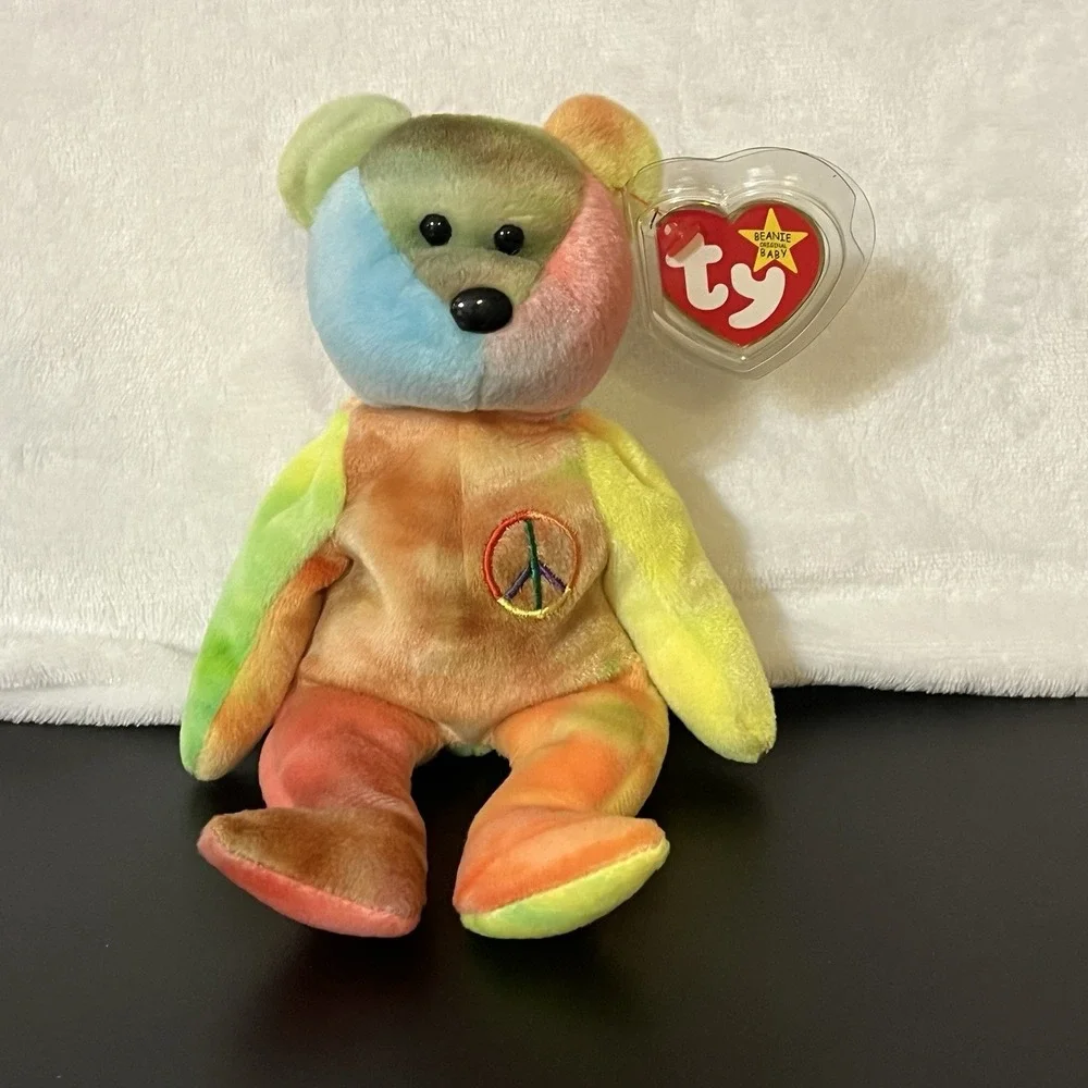 Ty Beanie Baby PEACE Bear 1996 Multicolor with ❤️ Heart Tag Tie Dye Neon Colors